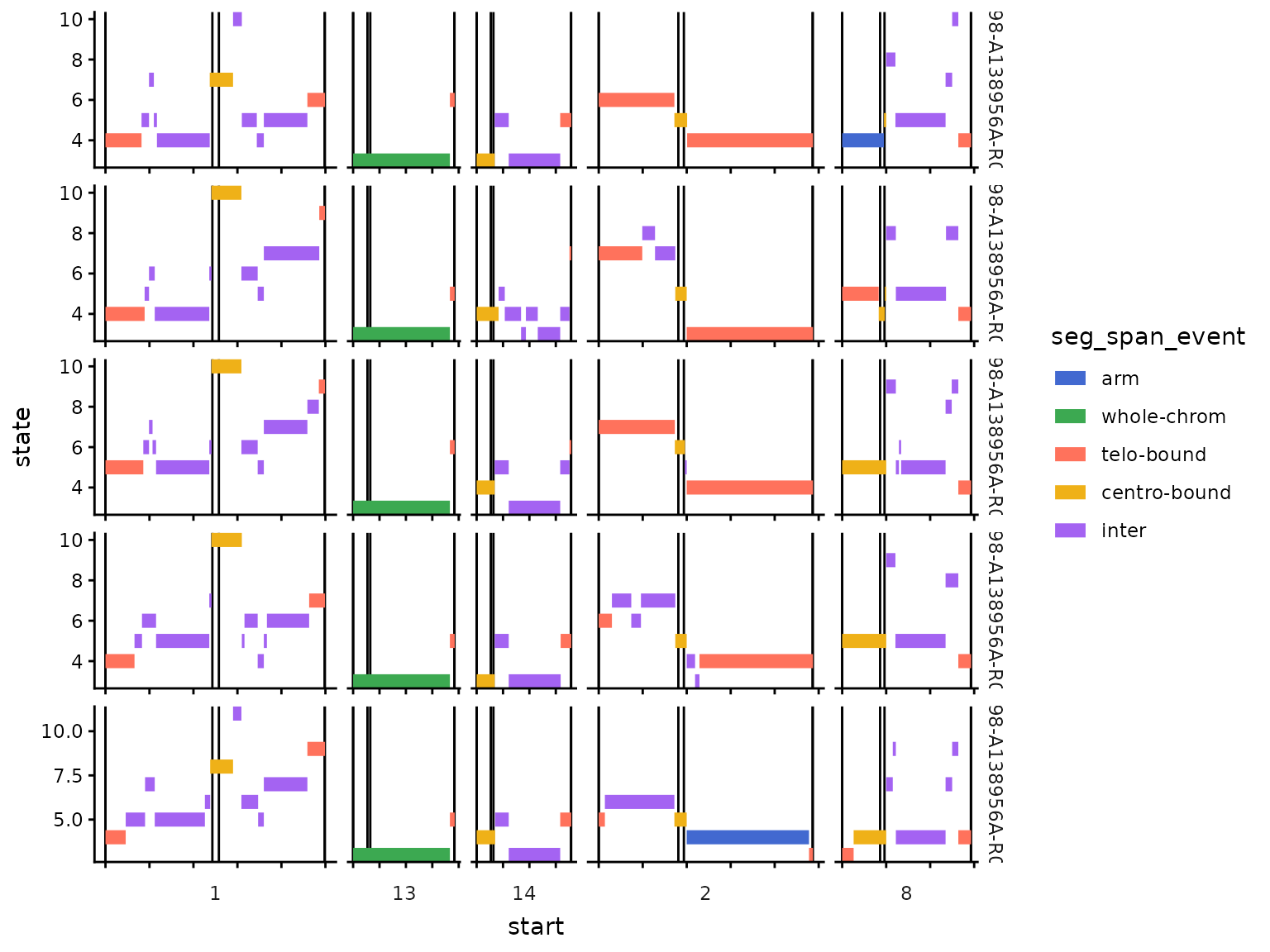 Labels of CN segments on chromosomes. Vertical lines indicate locations of telomeres and centromeres.